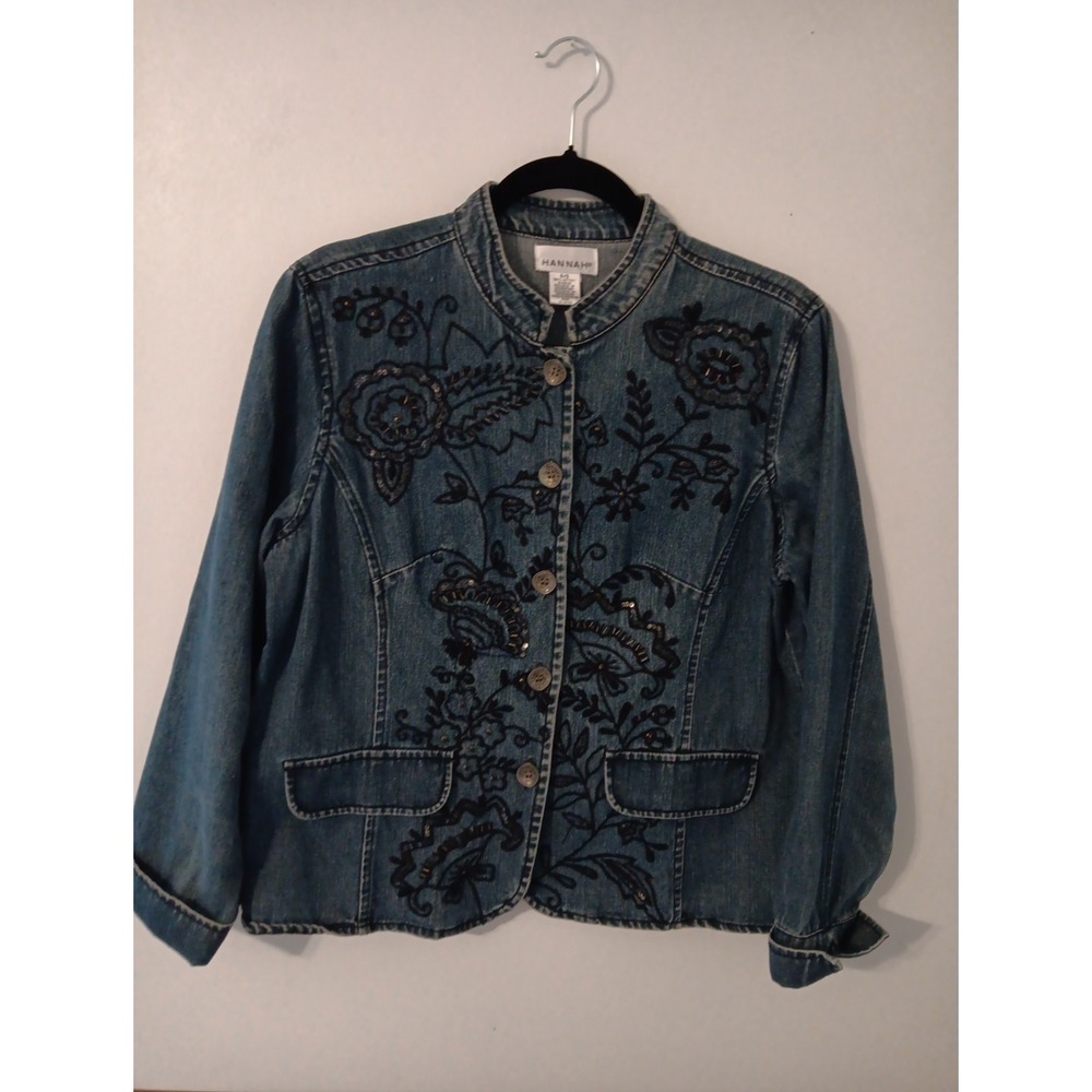 Hannah Womens Embroidered Sequin Denim Jacket Blue Cotton Floral Mandarin Small‎